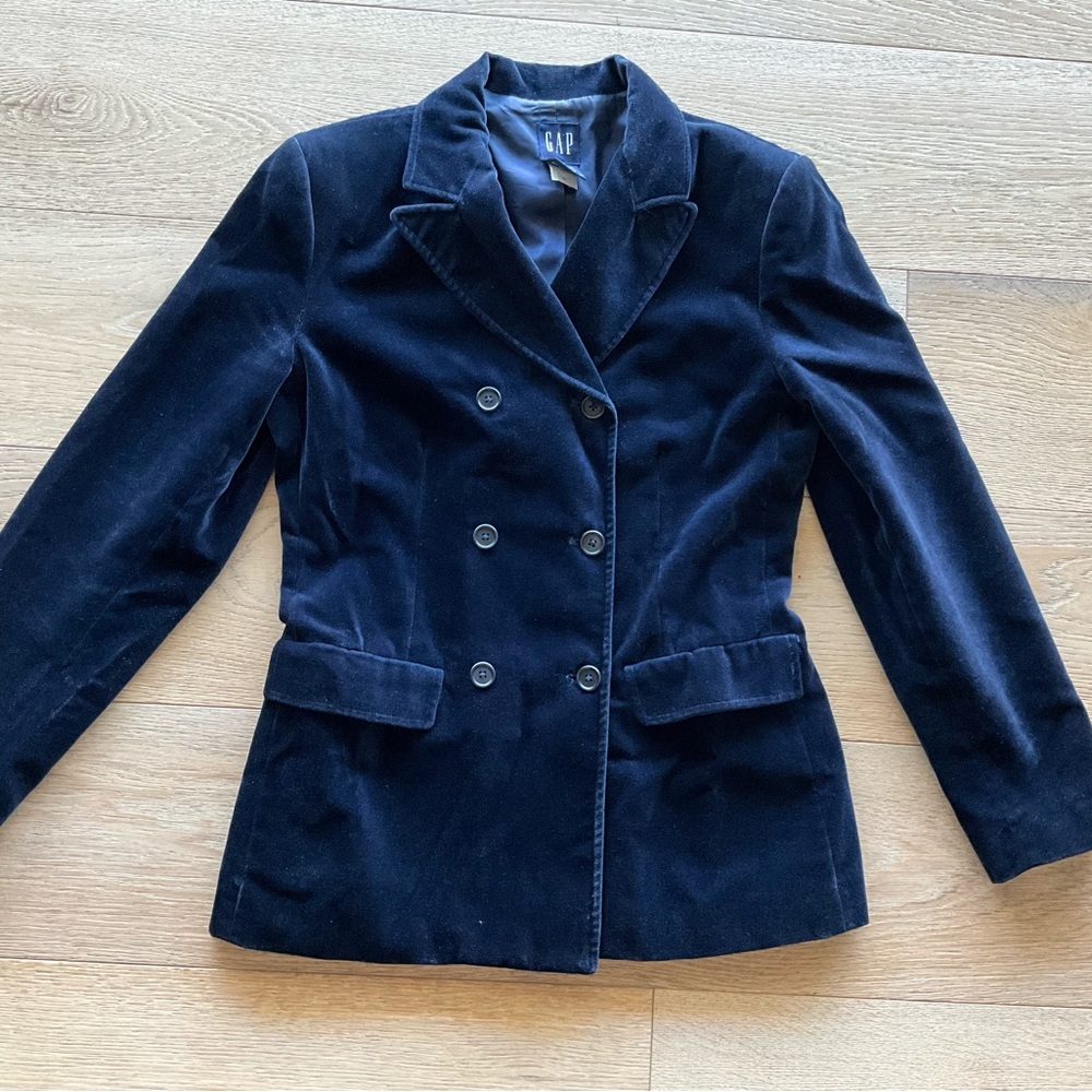 GAP Women's Dark Navy Double-Breasted Velvet Blazer
